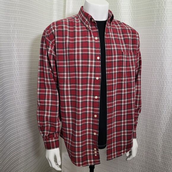 Eddie Bauer Mid-Weight Button Up Shirt Red Plaid 100% Cotton Men's L - Picture 1 of 12